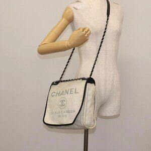 CHANEL Deauville line Chain Shoulder Bag Straw White Silver CC Auth hk3000